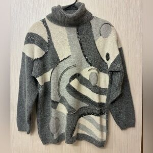Vintage Cristina Abstract Art-to-Wear Turtleneck Sweater Silk Gray Wool Blend